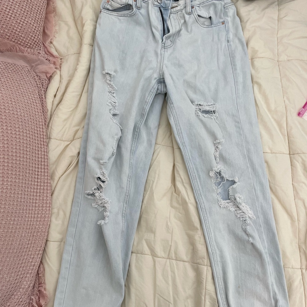 Light Blue Distressed Women Mom Jeans